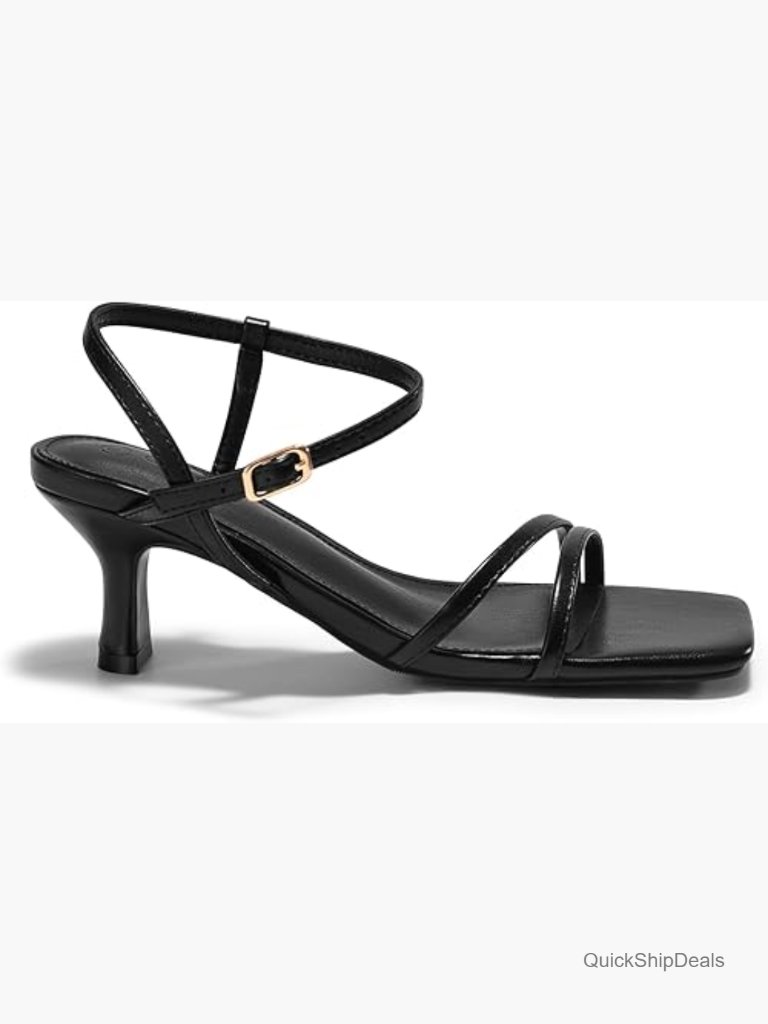 Faux Leather Strappy Kitten Heel Sandals Square Open Toe Ankle Strap